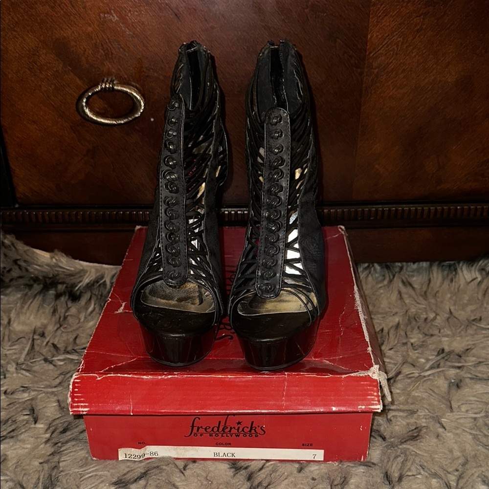 Frederick's of Hollywood Black Heels with Lace-Up Design